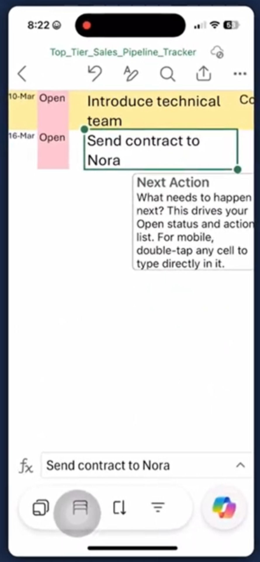 Activity Log on iPhone showing mobile cell editing